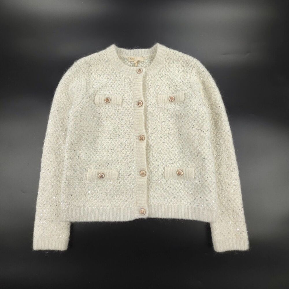 MAJE Mission Wool Mohair Metallic Sequin Cardigan Old Money Quiet Luxury Preppy